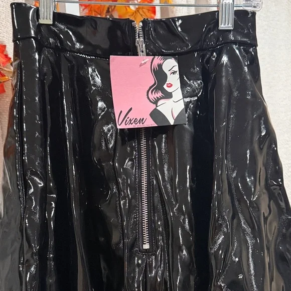 Vixen by Micheline Pitt Glossy Black Midi Skirt Sz.XS w/silver zip back - Picture 6 of 11